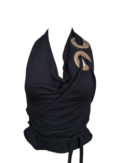 Handmade Viscose Set - Neckholder Waterfall Collar Top and Layered Miniskirt; Super Long Cords And Extra Large Eyelets - Black