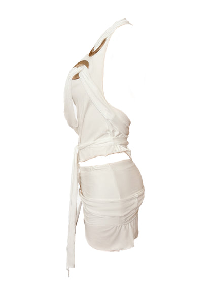 Handmade Neckholder Waterfall Collar Top; Super Long Cords And Extra Large Eyelets - White