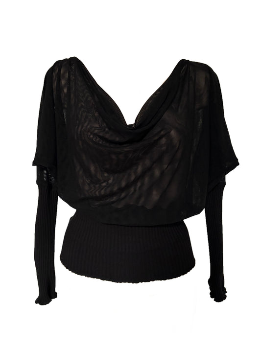 Avantgarde Blouse Made Of Double Layered Mesh With Thumbholes And Batwing Sleeves- Black