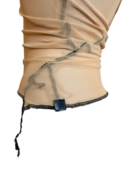 Handmade Destructive Halter Top To Tie Nylon Mesh With Overlock Seams and Baseball Stitches - Nude / Black