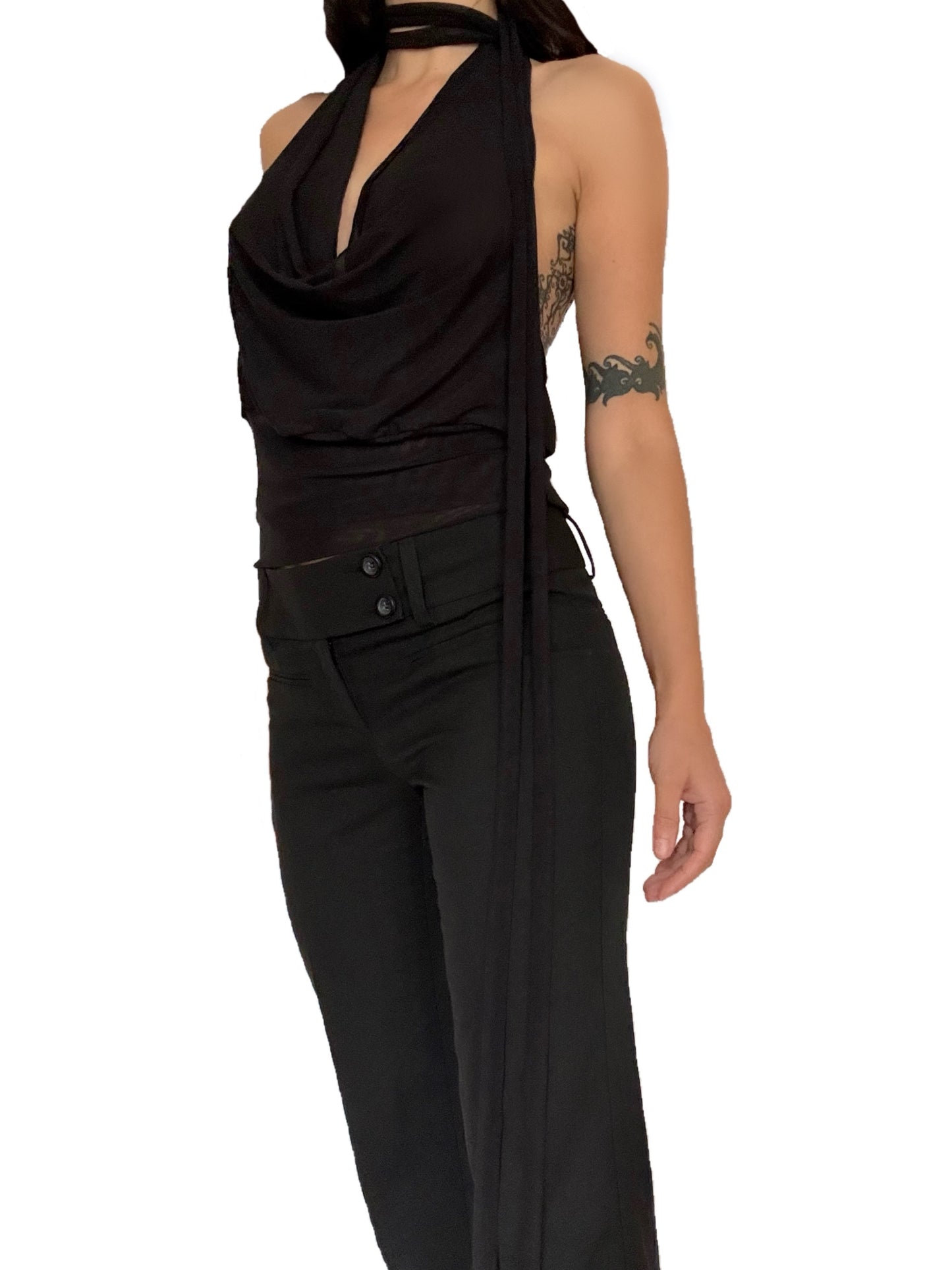 Handmade Parisian Neckholder Mesh Top with Waterfall Collar and Super Long Cords - Black