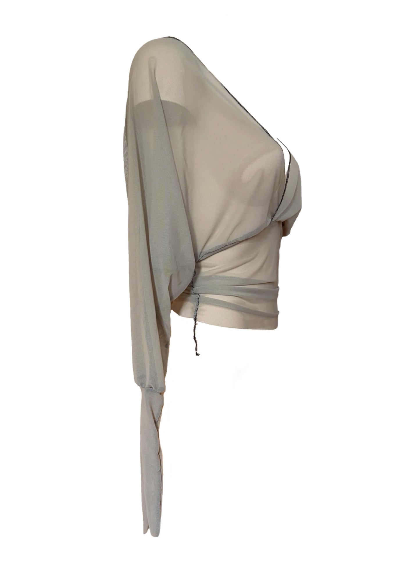 Handmade Super Fine Transparent Mesh Blouse With Batwing Sleeves, Overlock Seams & Fake Wrap Collar Detail - Taupe