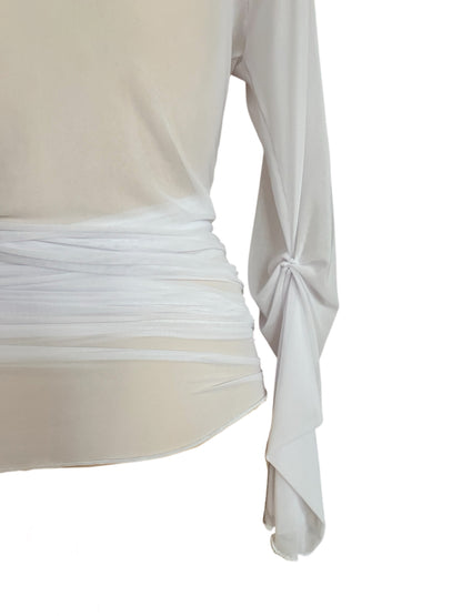 Handmade Soft Ballerina Mesh Cardigan Wrap Over Blouse With Ruffled Details - White