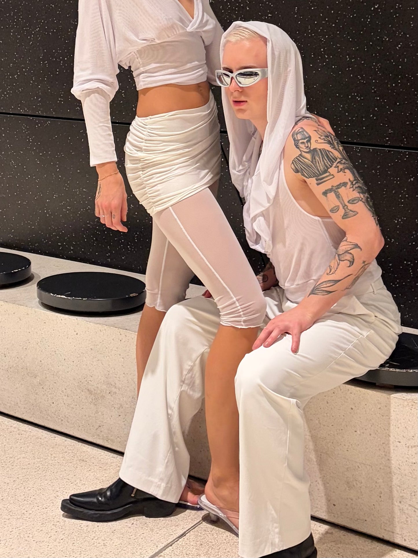 Handmade Mesh Leggings With Ruffled Viscose Mini Skirt - White