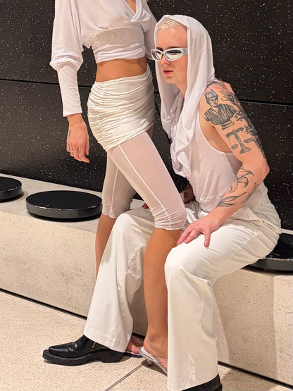 Handmade Mesh Leggings With Ruffled Viscose Mini Skirt - White