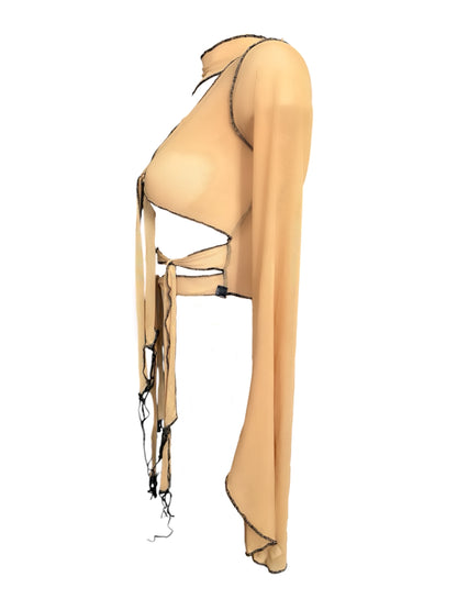 Handmade Destructive Longsleeve Blouse To Tie Nylon Mesh With Overlock Seams - Nude / Black