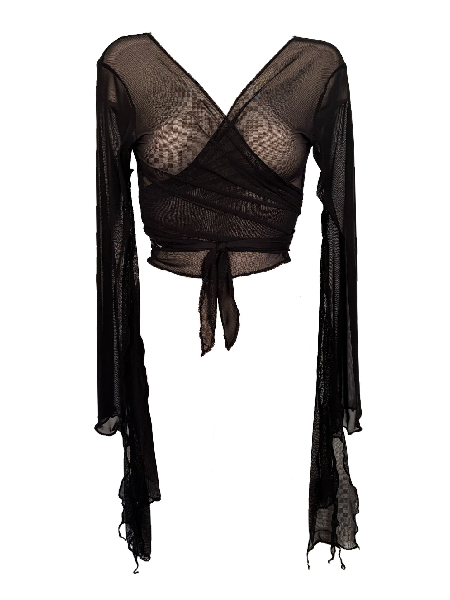 Handmade Melancholic Ballerina Mesh Cardigan Transparent Reversible Wrap Over Blouse - Black
