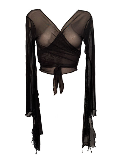 Handmade Melancholic Ballerina Mesh Cardigan Transparent Reversible Wrap Over Blouse - Black