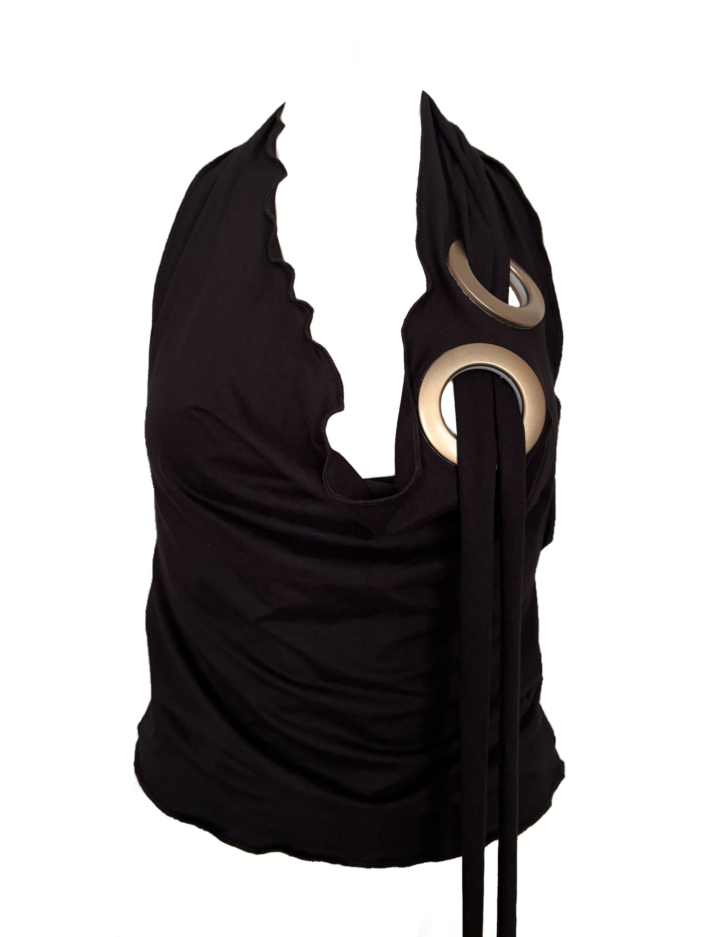 Handmade Viscose Halter Top With Waterfall Collar, Super Long Cords And Huge Eyelets - Black