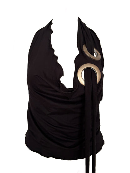 Handmade Viscose Halter Top With Waterfall Collar, Super Long Cords And Huge Eyelets - Black