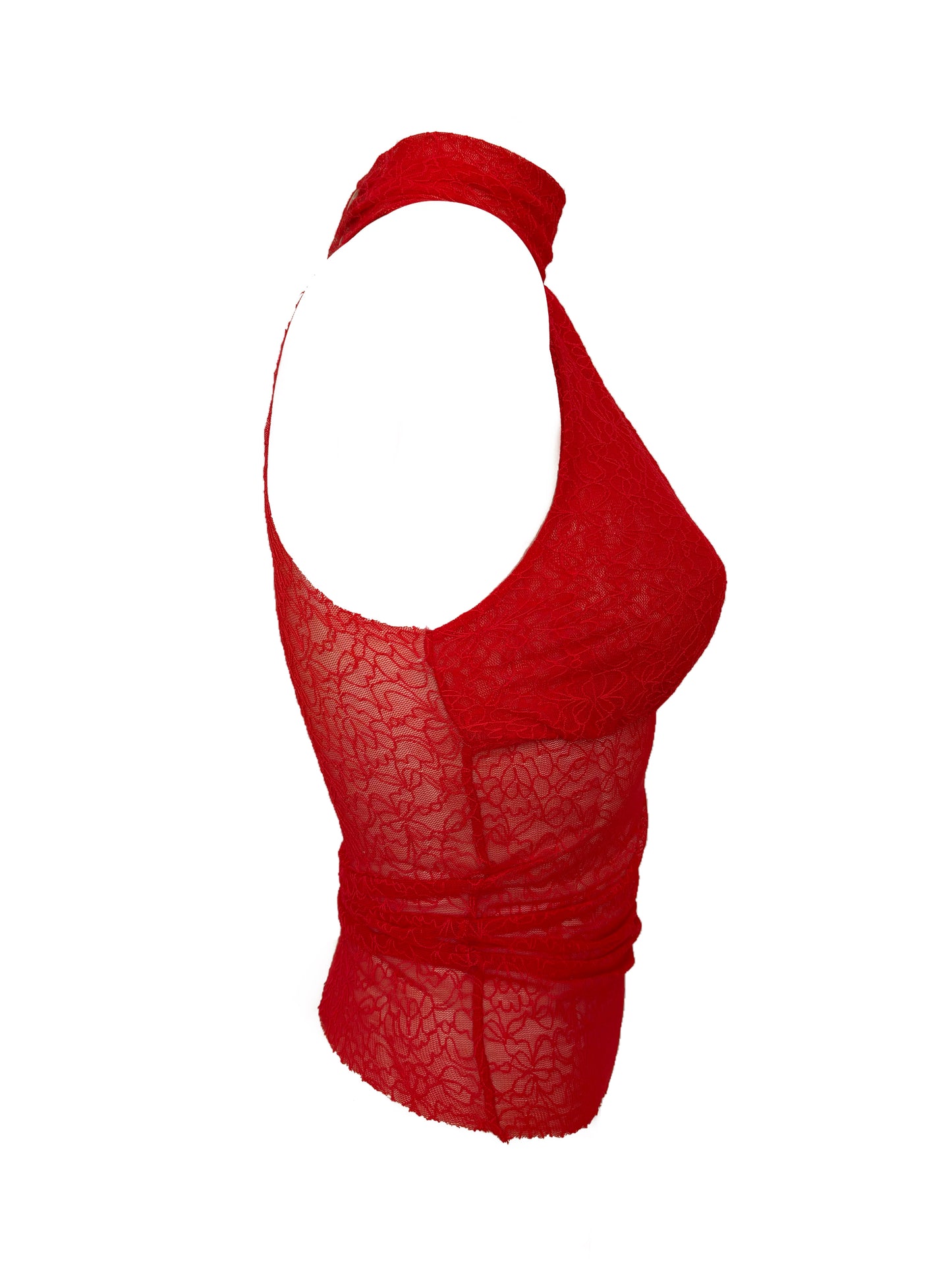 Handmade Melancholic Lace Mesh Neckholder Tank Top With Turtleneck - Red