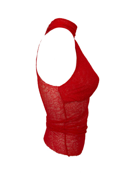 Handmade Melancholic Lace Mesh Neckholder Tank Top With Turtleneck - Red