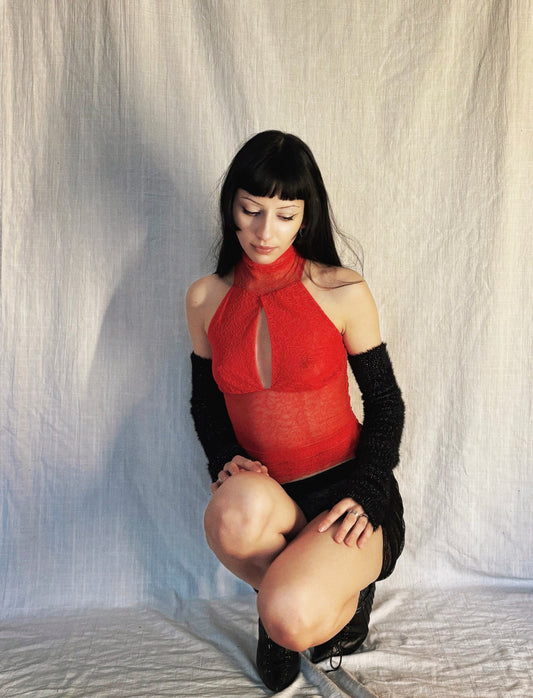 Handmade Melancholic Lace Mesh Neckholder Tank Top With Turtleneck - Red