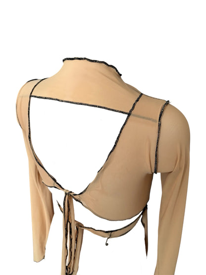 Handmade Destructive Longsleeve Blouse To Tie Nylon Mesh With Overlock Seams - Nude / Black