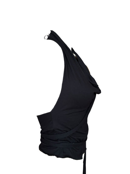Handmade Viscose Set - Neckholder Waterfall Collar Top and Layered Miniskirt; Super Long Cords And Extra Large Eyelets - Black