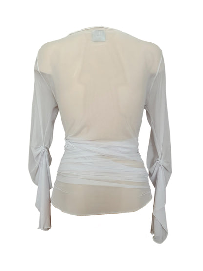 Handmade Soft Ballerina Mesh Cardigan Wrap Over Blouse With Ruffled Details - White