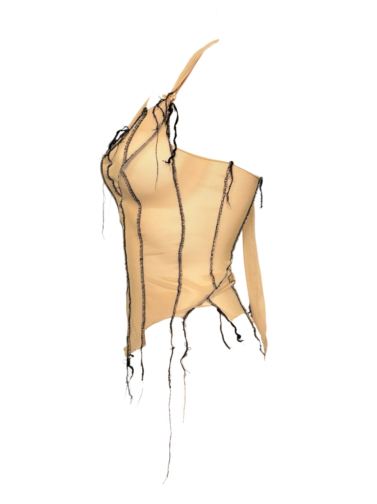 Handmade Destructive Corsage Top Nylon Mesh With Overlock Seams and Baseball Stitches - Nude / Black