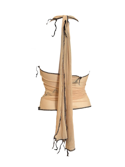 Handmade Destructive Halter Top To Tie Nylon Mesh With Overlock Seams and Baseball Stitches - Nude / Black