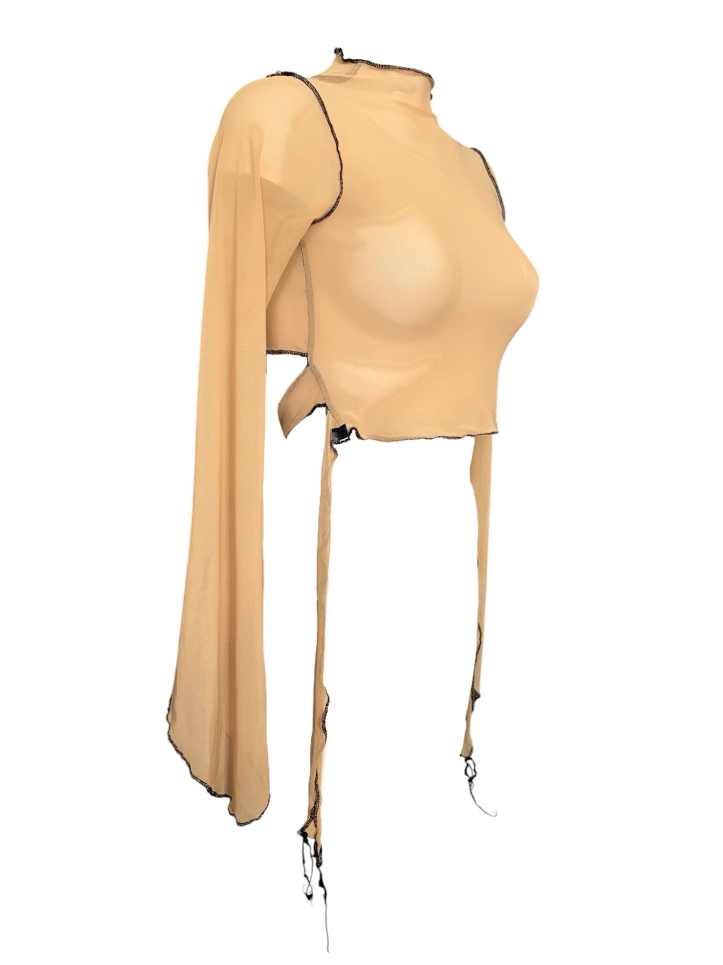 Handmade Destructive Longsleeve Blouse To Tie Nylon Mesh With Overlock Seams - Nude / Black
