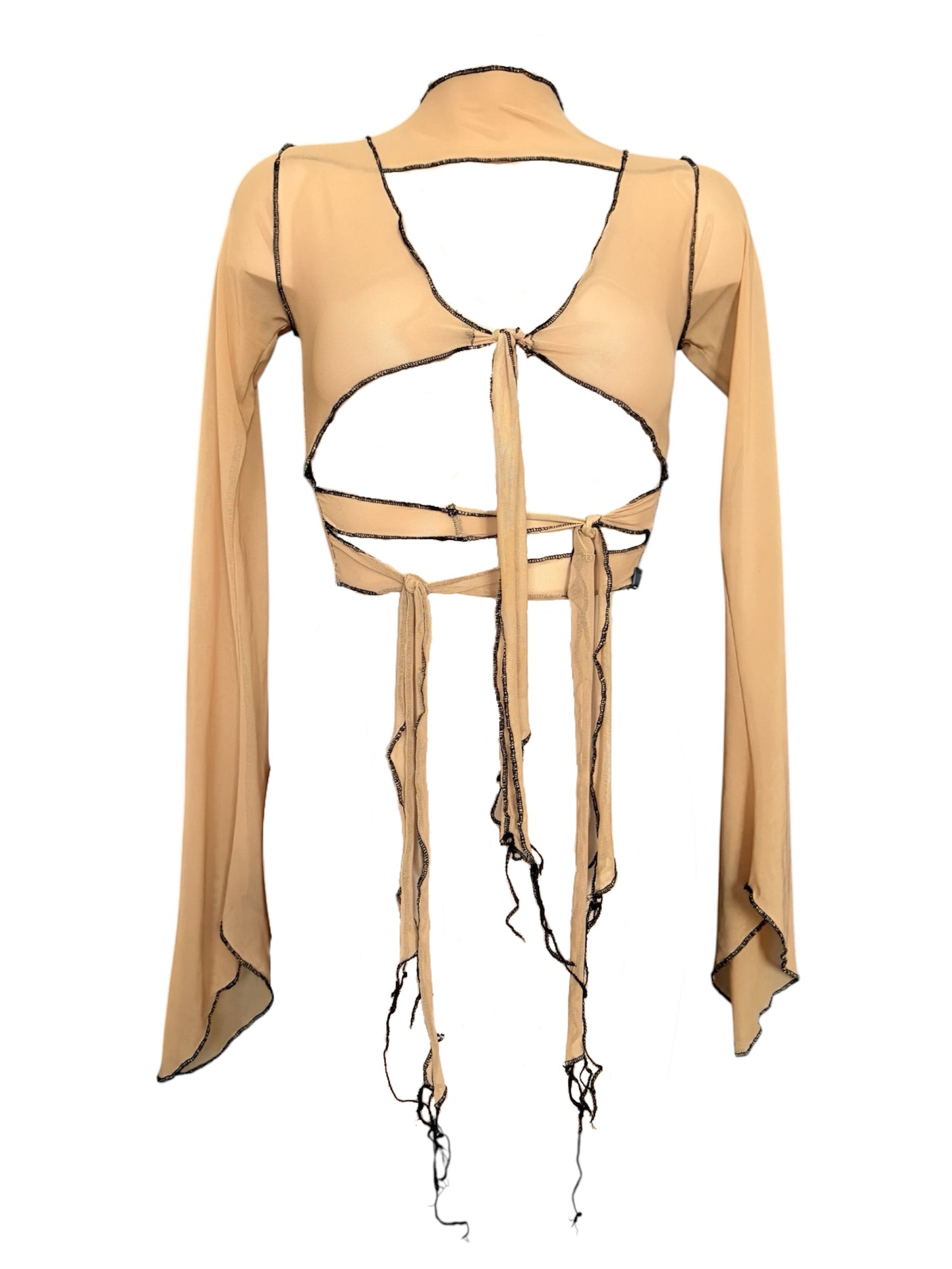 Handmade Destructive Longsleeve Blouse To Tie Nylon Mesh With Overlock Seams - Nude / Black