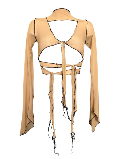 Handmade Destructive Longsleeve Blouse To Tie Nylon Mesh With Overlock Seams - Nude / Black