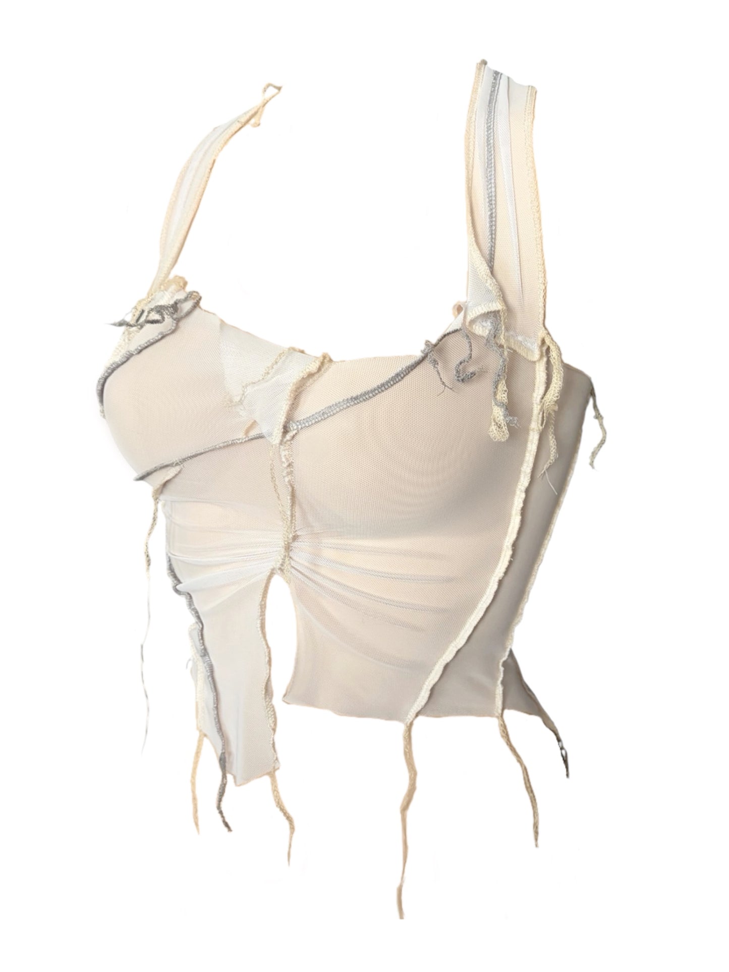 Handmade Destructive Corsage Top Nylon Mesh With Overlock Seams and Super Long Braided Strap - White / Creme