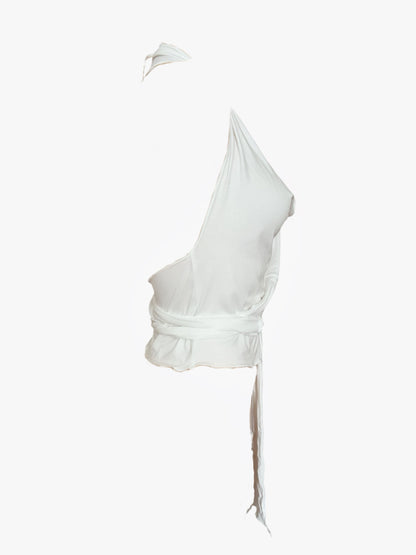 Handmade Neckholder Waterfall Collar Top; Super Long Cords And Extra Large Eyelets - White