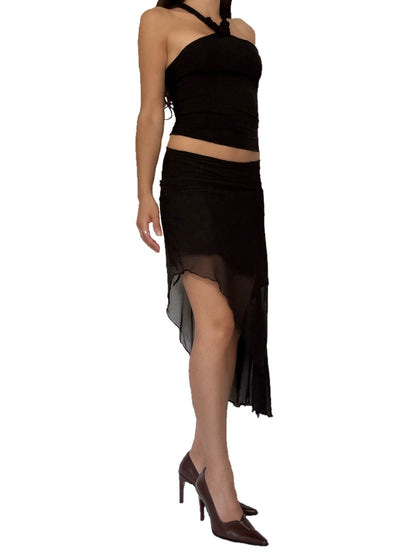 Handmade Melancholic Asymmetrical Midi Skirt With Cotton Underskirt and Mesh Skirt Of Different Lengths On Top