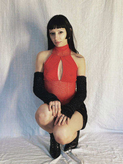 Handmade Melancholic Lace Mesh Neckholder Tank Top With Turtleneck - Red