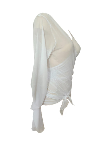 Handmade Soft Ballerina Mesh Cardigan Wrap Over Blouse With Ruffled Details - White