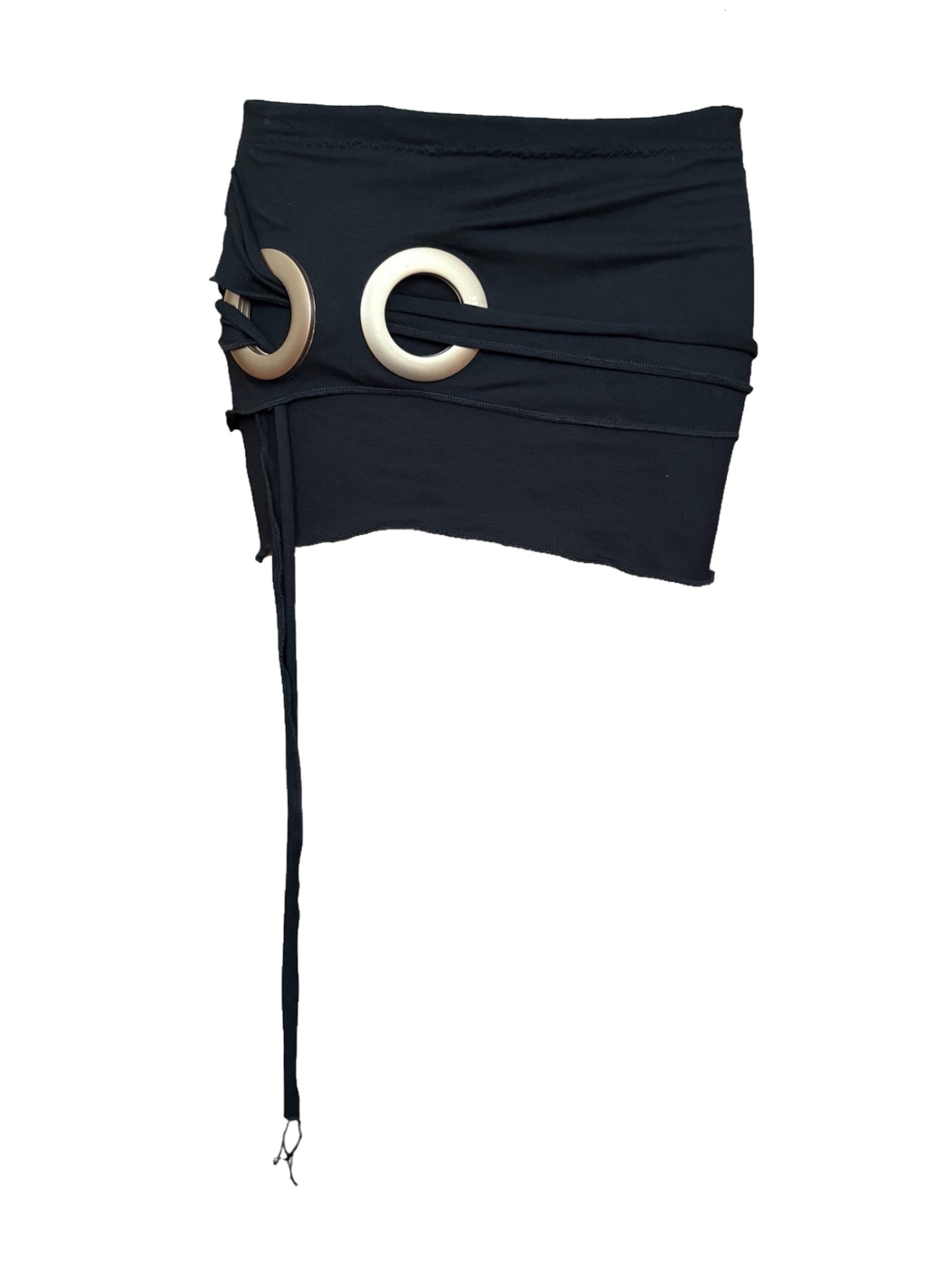 Handmade Viscose Set - Neckholder Waterfall Collar Top and Layered Miniskirt; Super Long Cords And Extra Large Eyelets - Black