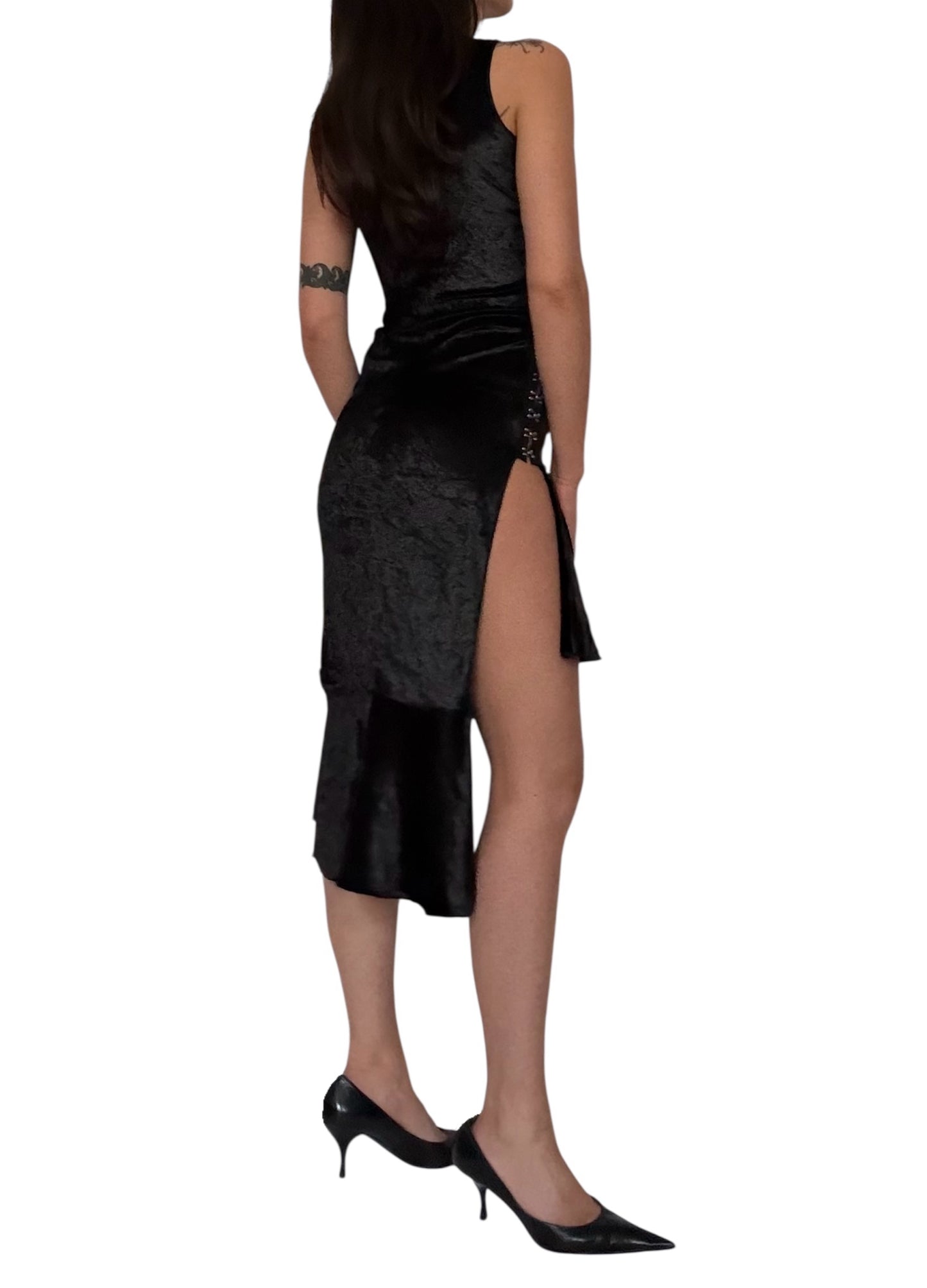 Handmade Asymmetrical Etui Dress with Volants and Hocks Made Of Velvet