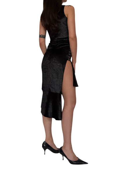 Handmade Asymmetrical Etui Dress with Volants and Hocks Made Of Velvet