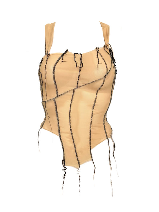 Handmade Destructive Corsage Top Nylon Mesh With Overlock Seams and Baseball Stitches - Nude / Black