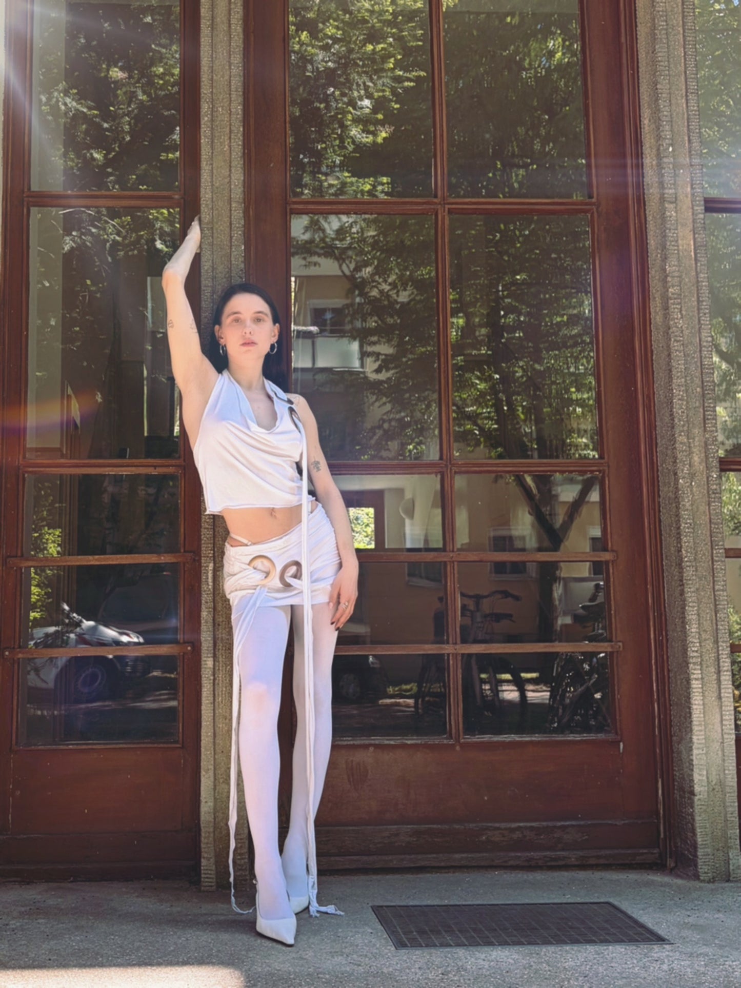 Handmade Neckholder Waterfall Collar Top; Super Long Cords And Extra Large Eyelets - White