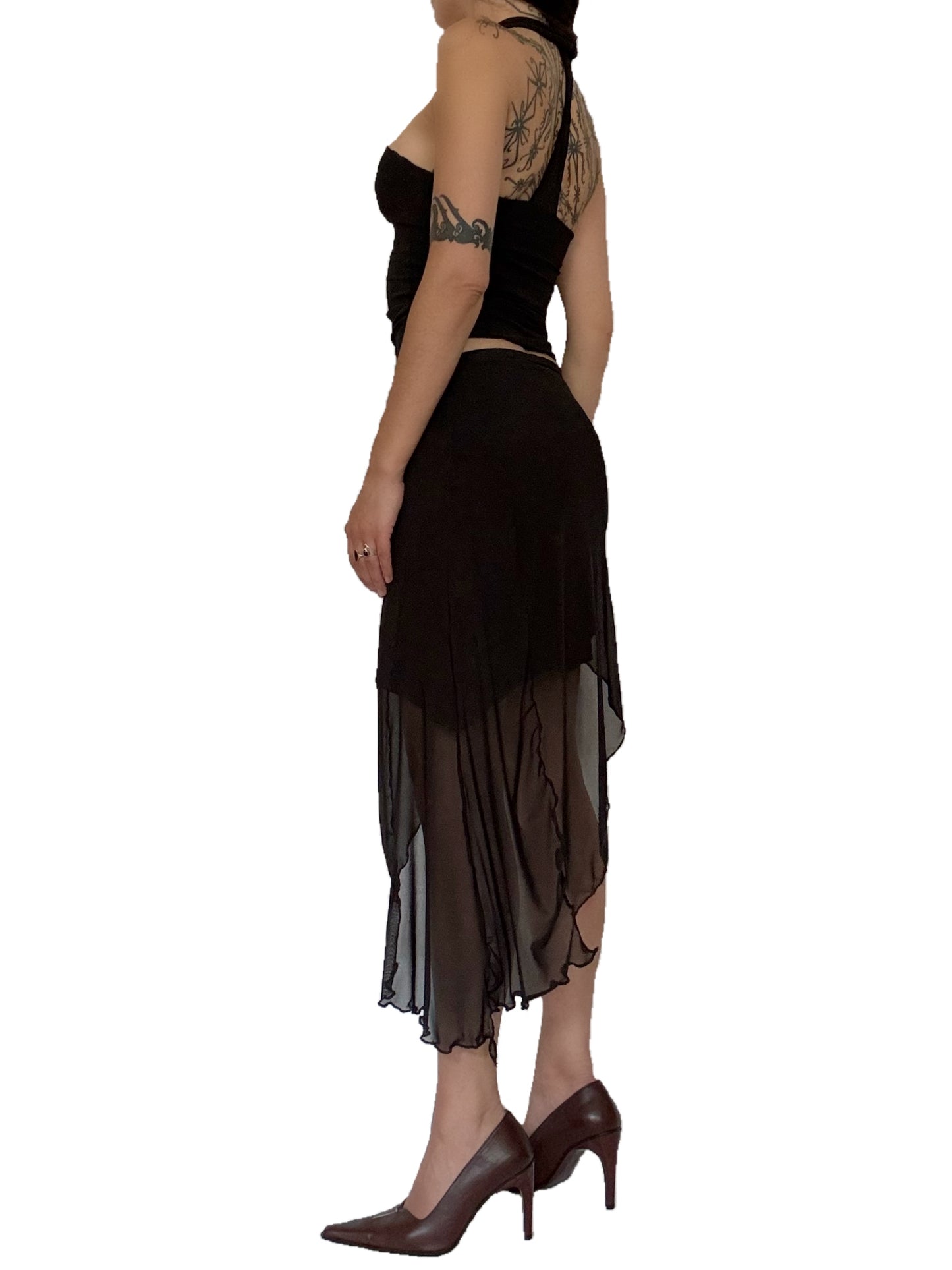 Handmade Melancholic Asymmetrical Midi Skirt With Cotton Underskirt and Mesh Skirt Of Different Lengths On Top