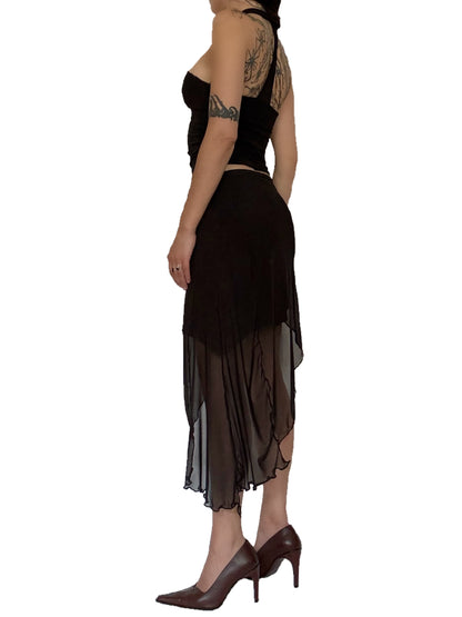 Handmade Melancholic Asymmetrical Midi Skirt With Cotton Underskirt and Mesh Skirt Of Different Lengths On Top