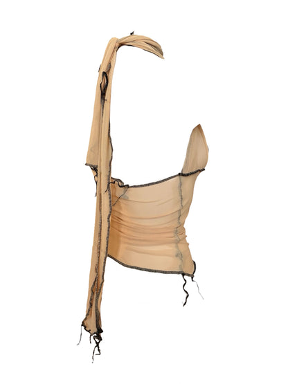 Handmade Destructive Halter Top To Tie Nylon Mesh With Overlock Seams and Baseball Stitches - Nude / Black