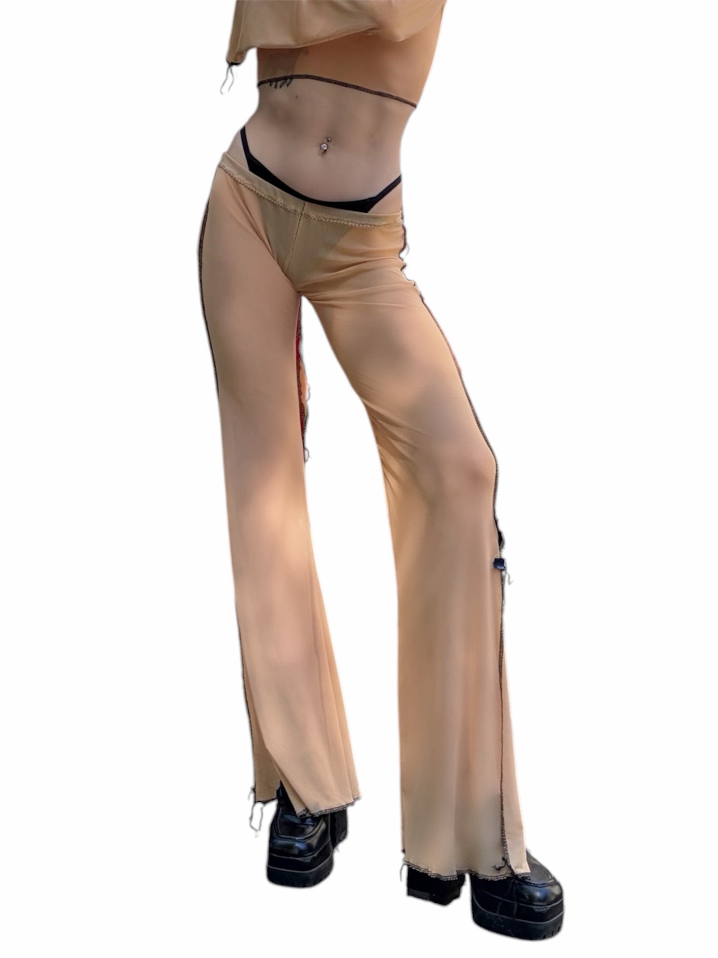 Handmade Destructive Bootcut Pants With Slit Nylon Mesh With Overlock Seams and Baseball Stitches - Nude / Black