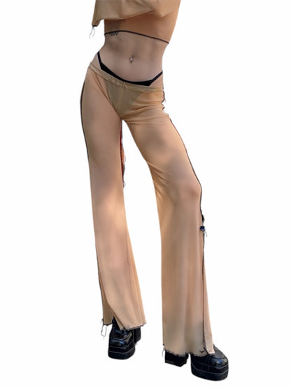 Handmade Destructive Bootcut Pants With Slit Nylon Mesh With Overlock Seams and Baseball Stitches - Nude / Black