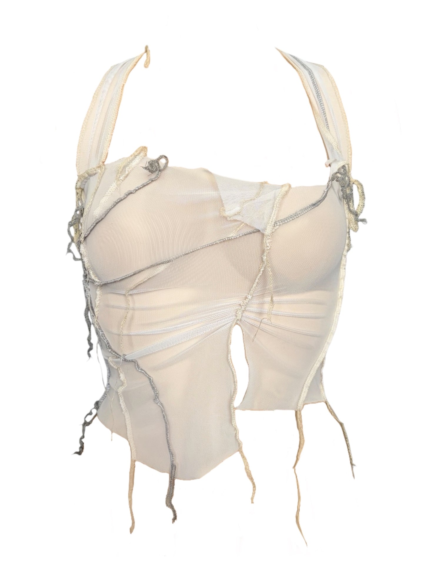 Handmade Destructive Corsage Top Nylon Mesh With Overlock Seams and Super Long Braided Strap - White / Creme