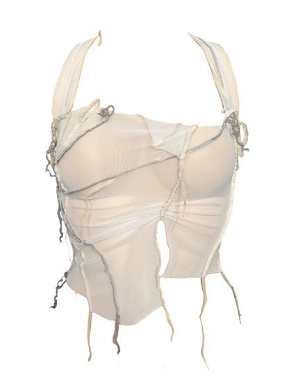 Handmade Destructive Corsage Top Nylon Mesh With Overlock Seams and Super Long Braided Strap - White / Creme