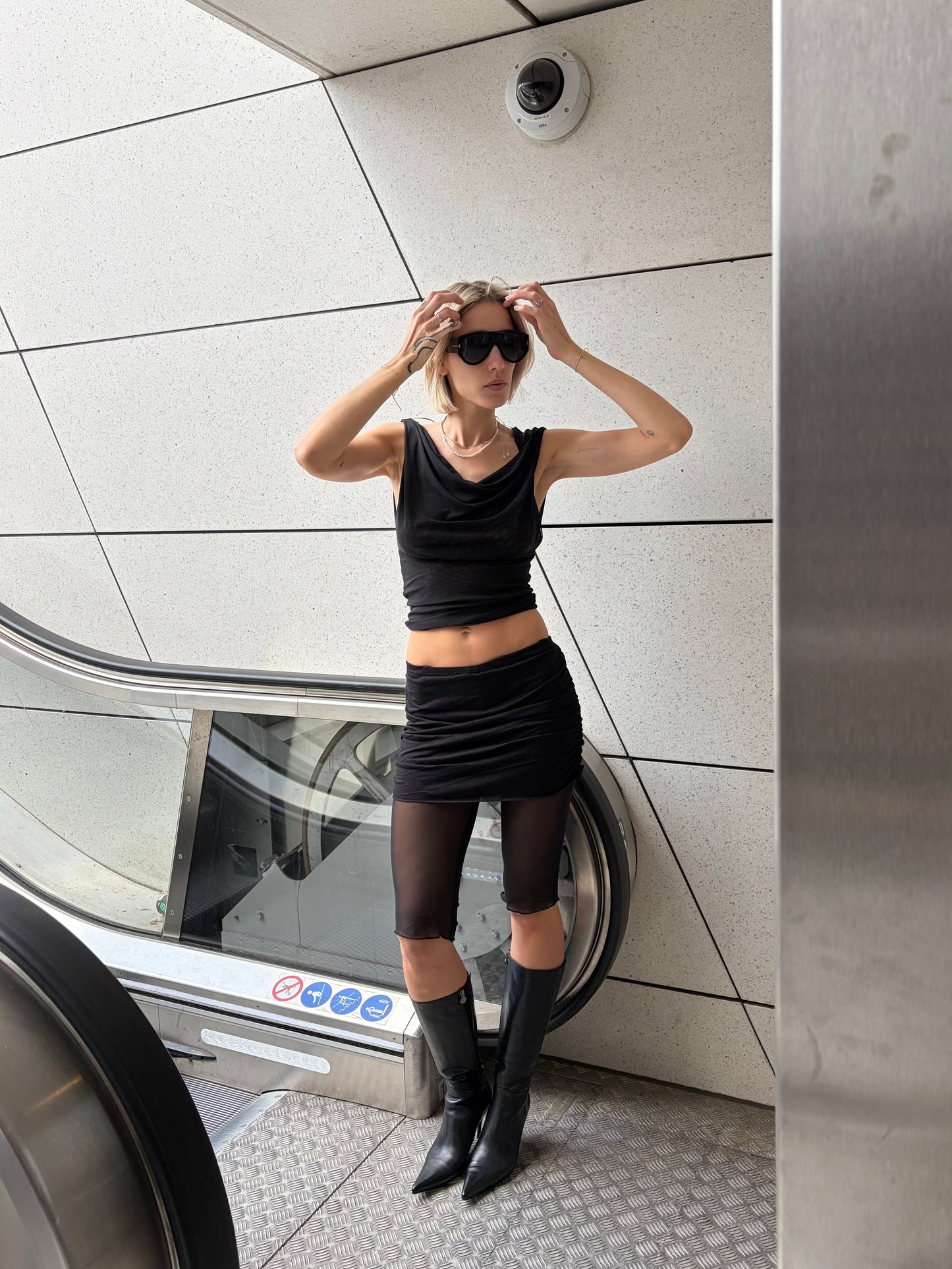 Handmade Mesh Leggings With Ruffled Viscose Mini Skirt - Black