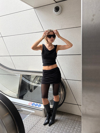 Handmade Mesh Leggings With Ruffled Viscose Mini Skirt - Black