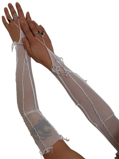 Handmade Nylon Mesh Gloves Destructive Fairy Cuffs - White