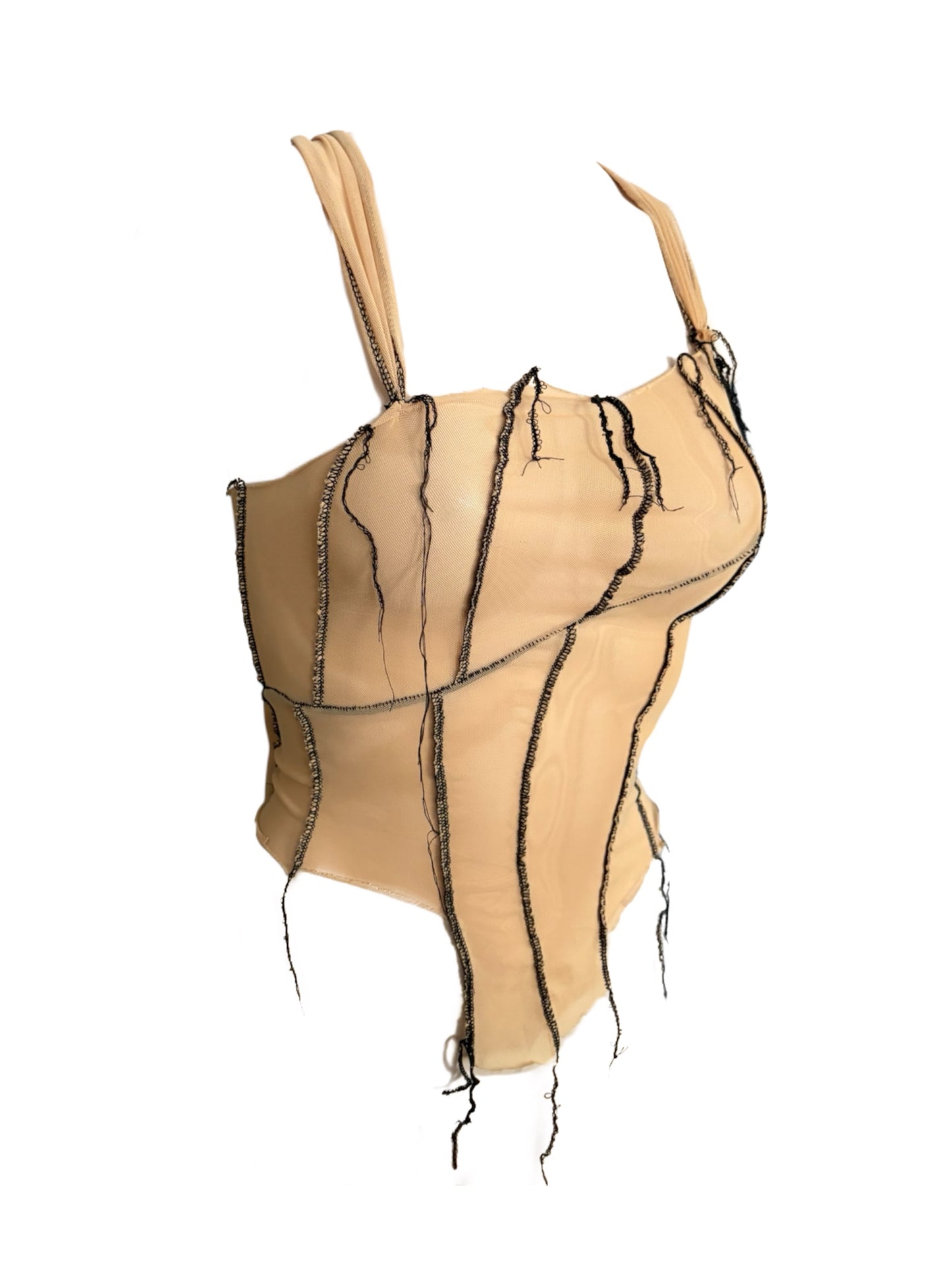 Handmade Destructive Corsage Top Nylon Mesh With Overlock Seams and Baseball Stitches - Nude / Black