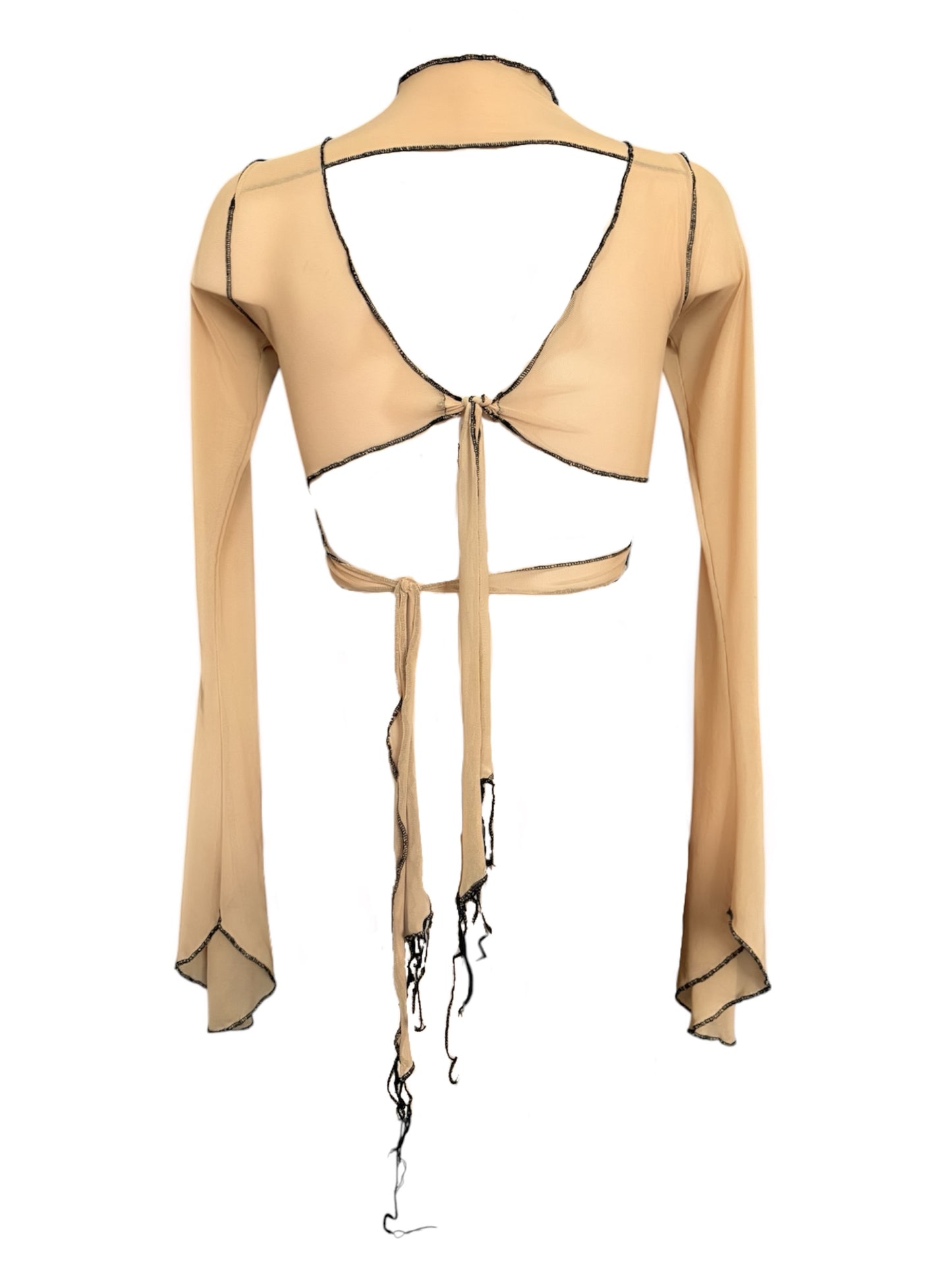 Handmade Destructive Longsleeve Blouse To Tie Nylon Mesh With Overlock Seams - Nude / Black