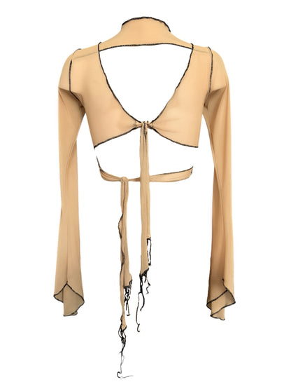 Handmade Destructive Longsleeve Blouse To Tie Nylon Mesh With Overlock Seams - Nude / Black