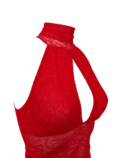Handmade Melancholic Lace Mesh Neckholder Tank Top With Turtleneck - Red