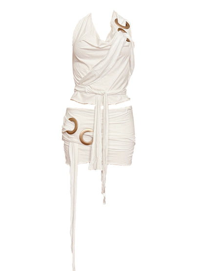 Handmade Neckholder Waterfall Collar Top; Super Long Cords And Extra Large Eyelets - White